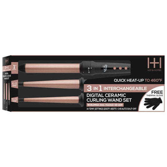 Hot & Hotter 3-In-1 Interchangeable Digital Curling Wand Set Rose Gold & Black #5997